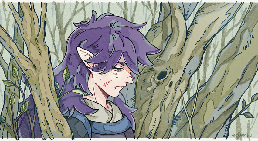1boy fengxi_(the_legend_of_luoxiaohei) leaf long_hair male_focus otjmohu plant pointy_ears profile purple_hair shadow smile solo the_legend_of_luo_xiaohei tree upper_body