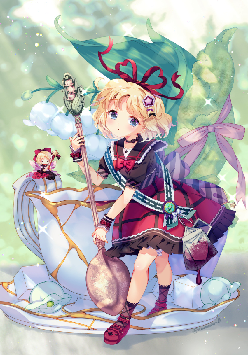 2girls :o amo_(shibu3) ankle_socks black_shirt blonde_hair blue_eyes blurry blurry_background bow bowtie commentary_request cup eyebrows_visible_through_hair fairy_wings flower hair_ornament hair_ribbon head_tilt heart_ribbon highres holding holding_spoon leaf leaning_forward light_rays lily_of_the_valley looking_at_viewer medicine_melancholy minigirl multiple_girls petticoat puffy_short_sleeves puffy_sleeves purple_legwear red_footwear red_neckwear red_ribbon red_skirt ribbon sash saucer shirt short_hair short_sleeves skirt sparkle spoon standing star_(symbol) star_hair_ornament striped striped_ribbon su-san sugar_cube sunbeam sunlight teabag teacup teaspoon touhou twitter_username wand wings wrist_cuffs