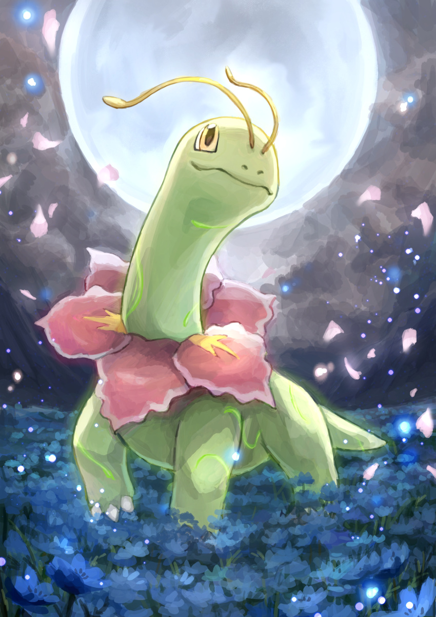 claws closed_mouth commentary_request gen_2_pokemon highres meganium moon night no_humans outdoors petals pokemon pokemon_(creature) raika_(raika_3890) smile solo standing yellow_eyes