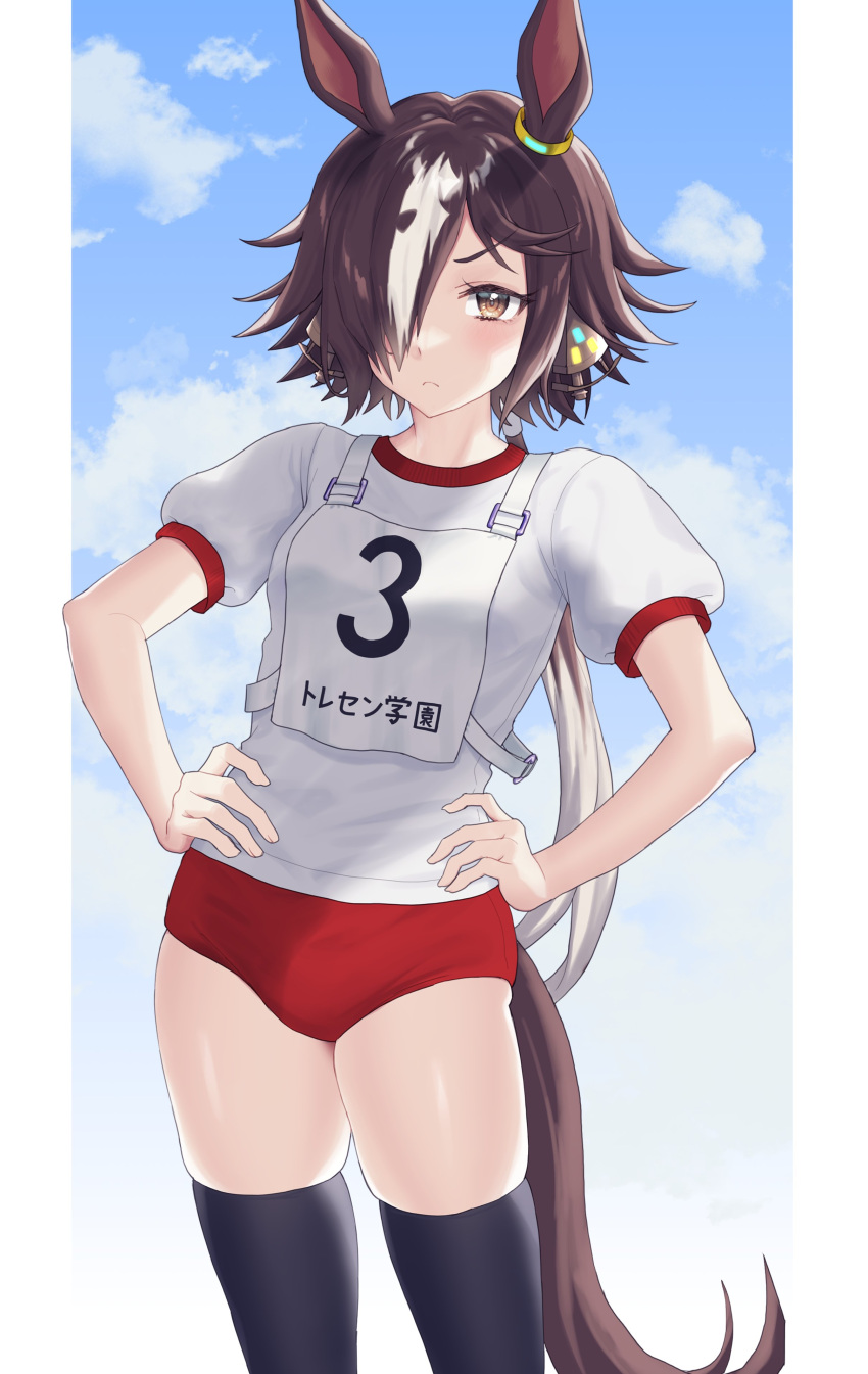 1girl absurdres animal_ears black_legwear brown_eyes brown_hair buruma gym_shirt hair_over_one_eye hands_on_hips highres horse_ears horse_girl horse_tail hourai_ninjin multicolored_hair red_buruma shirt short_hair short_sleeves solo tail thigh-highs umamusume vodka_(umamusume) white_shirt zettai_ryouiki