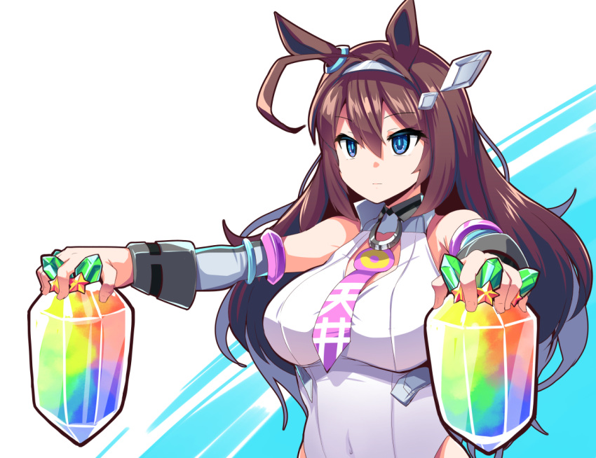 1girl ahoge animal_ears blue_eyes breasts brown_hair covered_navel expressionless holding horse_ears horse_girl horseshoe horseshoe_ornament large_breasts long_hair mihono_bourbon_(umamusume) muneshiro_(hitsuji_kikaku) necktie outstretched_arms solo umamusume