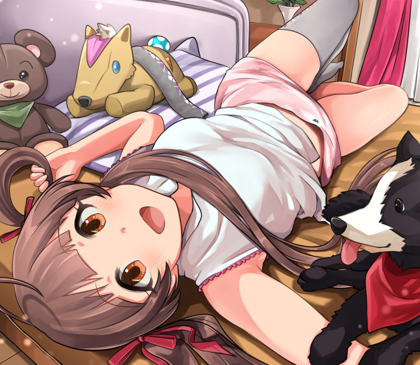 1girl :d bangs bed bed_frame blunt_bangs breasts brown_eyes brown_hair cowlick curtains dog eyebrows_visible_through_hair from_above green_scarf grey_legwear hair_ribbon hakozaki_serika hanamasa_ono highres idolmaster idolmaster_million_live! knee_up light_blush lying on_back on_bed open_mouth pillow pink_shorts plant potted_plant red_ribbon red_scarf ribbon scarf shirt shorts single_thighhigh sleeveless sleeveless_shirt small_breasts smile solo stuffed_animal stuffed_toy teddy_bear thigh-highs tongue tongue_out twintails white_shirt