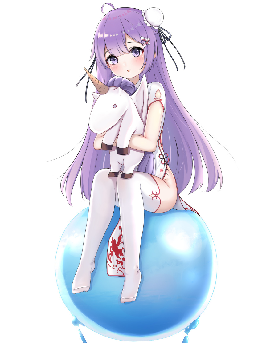 1girl absurdres ahoge ass azur_lane bangs blunt_bangs china_dress chinese_clothes commentary_request doll_hug dress eyebrows_visible_through_hair eyes_visible_through_hair groin hair_bun hair_ornament hairclip head_tilt highres long_hair looking_at_viewer no_shoes on_ball one_side_up parted_lips purple_hair reikyou side_bun sidelocks simple_background sitting solo stuffed_animal stuffed_toy thigh-highs unicorn_(azur_lane) unicorn_(spring's_present)_(azur_lane) violet_eyes white_dress white_legwear