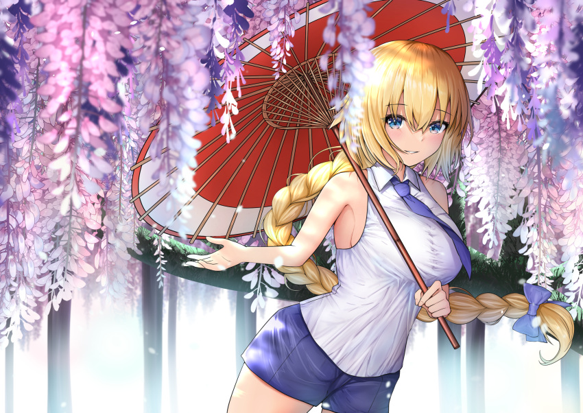 1girl blonde_hair blue_eyes blue_neckwear blue_shorts braid breasts fate/apocrypha fate/grand_order fate_(series) flower highres holding holding_umbrella jeanne_d'arc_(fate) jeanne_d'arc_(fate)_(all) large_breasts long_braid long_hair necktie nuts_(hazel-nuts) oil-paper_umbrella red_umbrella shirt short_shorts shorts single_braid sleeveless sleeveless_shirt solo umbrella very_long_hair white_shirt wisteria