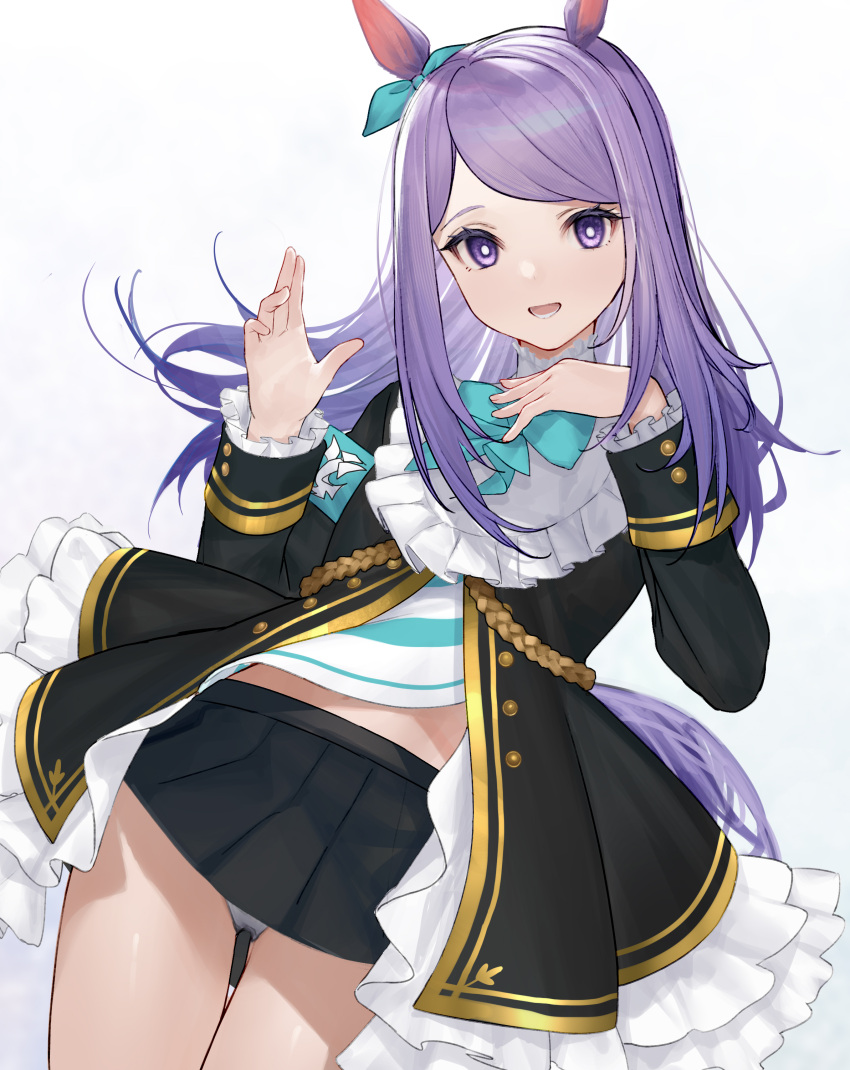 1girl absurdres animal_ears aqua_ribbon bangs black_skirt bow bowtie commentary_request ear_bow ear_ribbon frilled_jacket frilled_sleeves frills highres horse_ears horse_girl horse_tail long_hair long_sleeves looking_at_viewer mejiro_mcqueen_(umamusume) midriff miniskirt open_mouth panties pleated_skirt purple_hair ribbon skirt solo swept_bangs tail takubon thighs umamusume underwear violet_eyes white_background white_panties