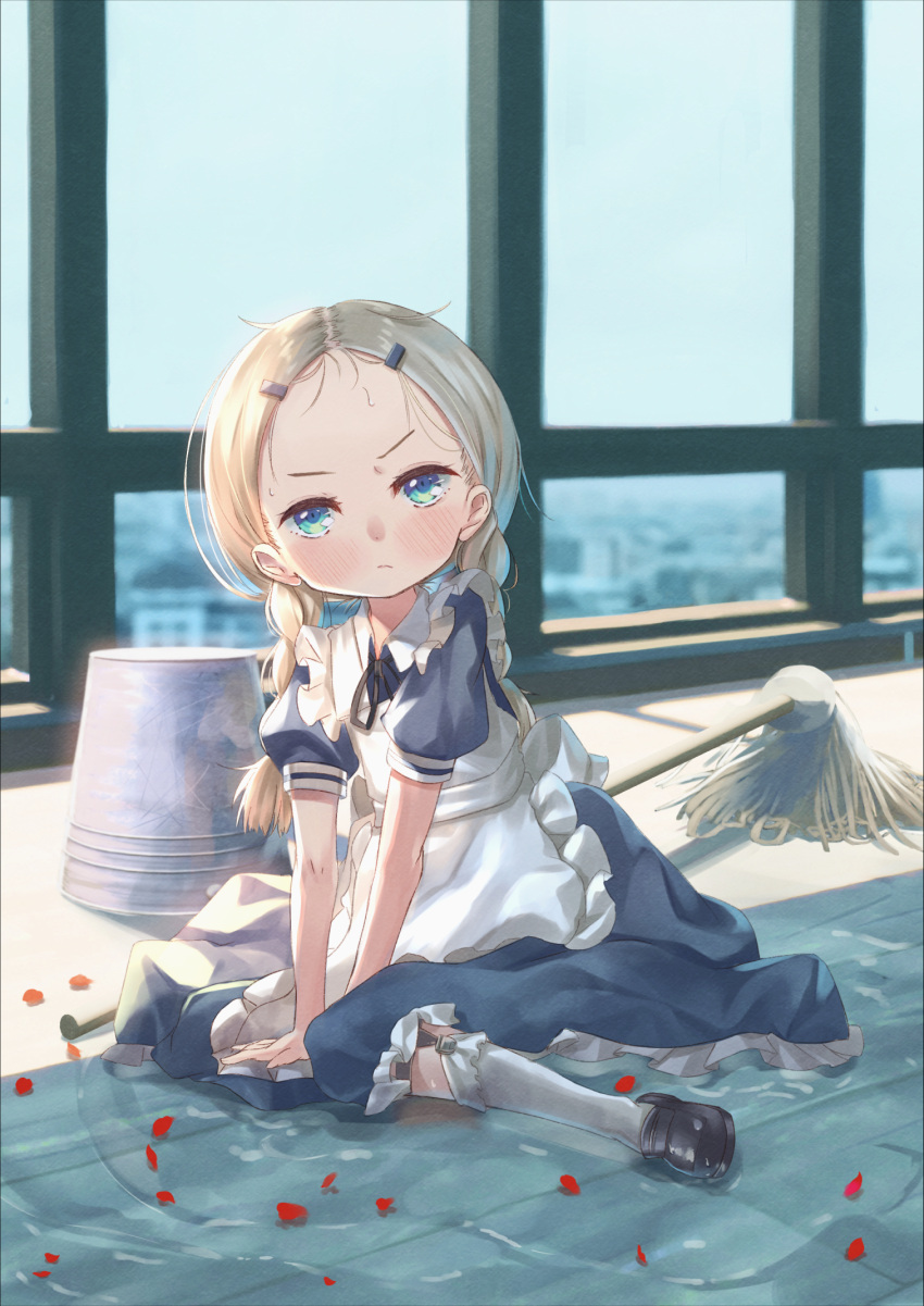 1girl annoyed apron black_footwear blonde_hair blue_dress blue_eyes blush braid bucket child dress eyebrows fallen_down forehead full_body hair_ornament hairclip highres indoors kneehighs long_hair looking_at_viewer low_twintails maid mop on_floor original shoes short_sleeves sitting solo twin_braids twintails water wet white_apron white_legwear window