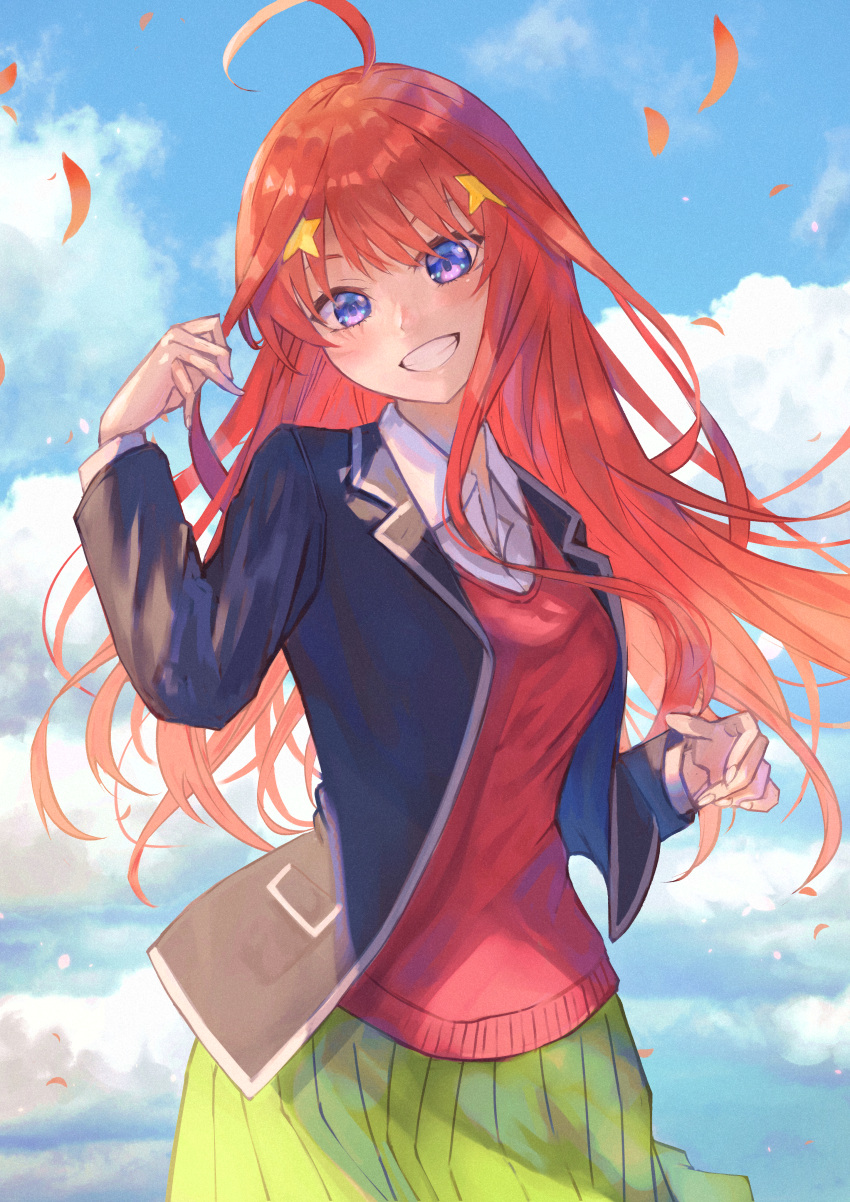 1girl absurdres ahoge bangs black_jacket blazer blue_eyes blue_sky clouds cloudy_sky collared_shirt commentary_request cowboy_shot day dress_shirt fingernails floating_hair go-toubun_no_hanayome green_skirt grin hair_ornament hand_up head_tilt highres huge_filesize jacket leaf long_hair long_sleeves looking_at_viewer nakano_itsuki open_blazer open_clothes open_jacket outdoors pleated_skirt red_sweater redhead shiny shiny_hair shirt skirt sky smile solo standing star_(symbol) star_hair_ornament sweater white_shirt wind wing_collar xyunx