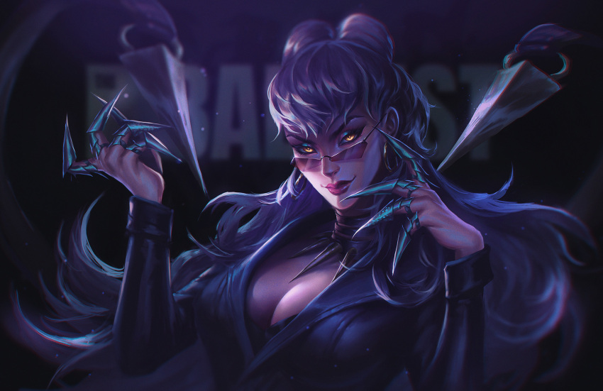 1girl bangs claws crownsforkings dark demon_girl earrings evelynn_(league_of_legends) evil_smile formal glowing glowing_eyes highres jewelry league_of_legends long_hair looking_at_viewer makeup silver_hair smile solo suit the_baddest_evelynn yellow_eyes