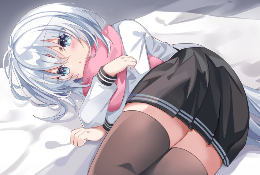 1girl bed black_legwear black_sailor_collar black_skirt blue_eyes commentary_request fathom hibiki_(kancolle) highres kantai_collection looking_at_viewer lying on_side pink_scarf pleated_skirt sailor_collar sailor_shirt scarf school_uniform serafuku shirt silver_hair skirt solo verniy_(kancolle)