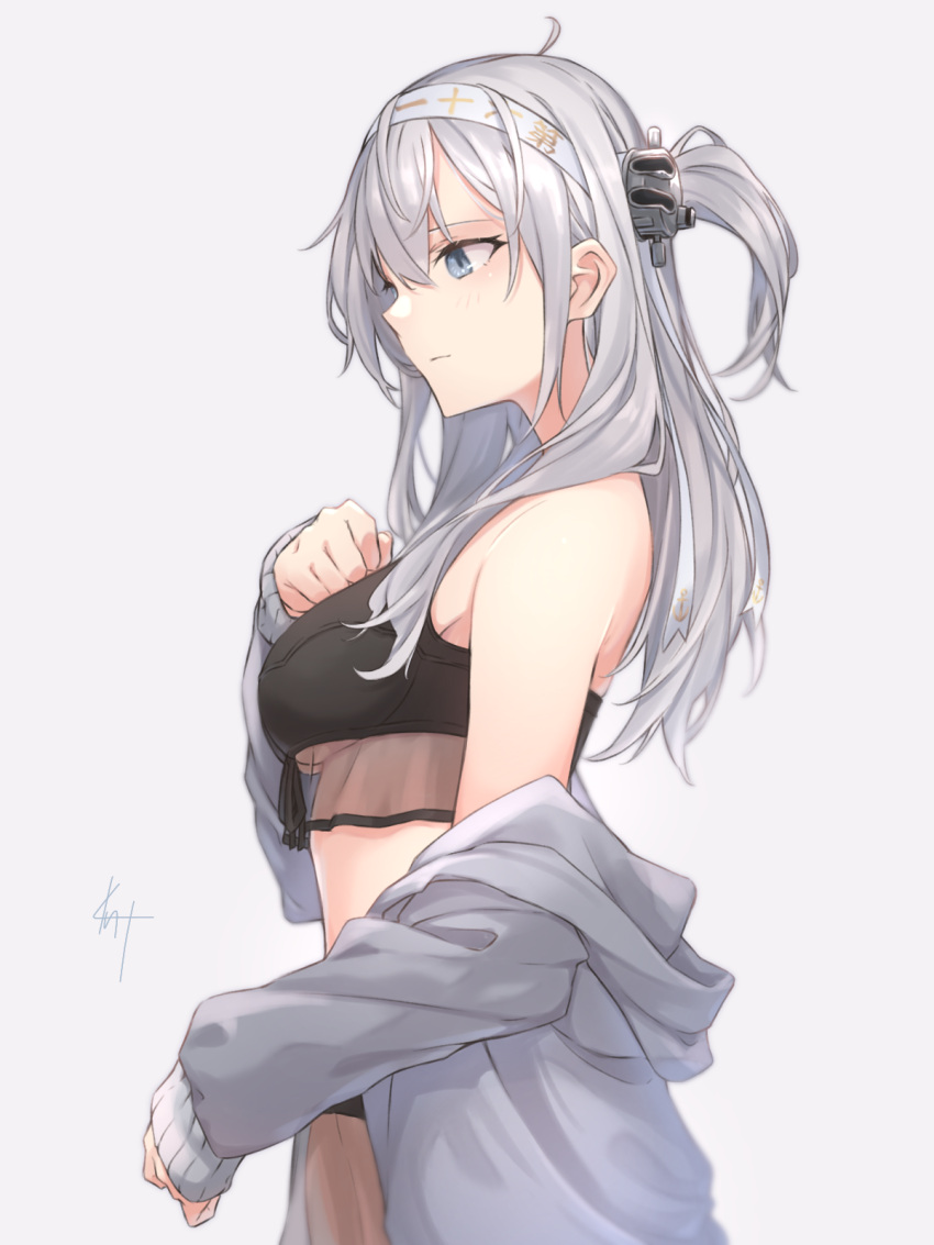1girl bare_shoulders bikini black_bikini blue_eyes blush breasts closed_mouth commentary_request from_side grey_jacket hairband hand_on_own_chest highres jacket kantai_collection knt02142769 long_hair medium_breasts off_shoulder one_side_up open_clothes open_jacket profile see-through signature silver_hair simple_background smile solo suzutsuki_(kancolle) swimsuit under_boob white_background white_hairband