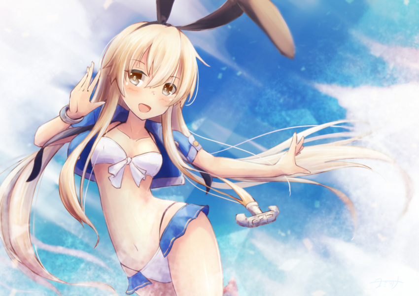 1girl anchor_hair_ornament bikini black_hairband blonde_hair blue_jacket blue_sky breasts clouds commentary_request cowboy_shot cropped_jacket grey_eyes hair_ornament hairband highres jacket kantai_collection long_hair looking_at_viewer shimakaze_(kancolle) sky small_breasts smile solo swimsuit white_bikini yomitsuna