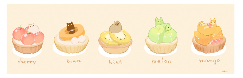 artist_name bird border brown_background cat chai cherry commentary_request food food_focus fruit highres kiwi_slice mango melon no_humans original simple_background sitting_on_food tart_(food)