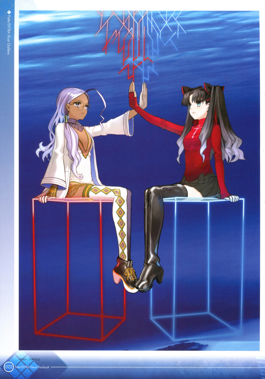 2girls absurdres ahoge bindi black_bow black_footwear black_hair black_skirt blue_background blue_eyes boots bow closed_mouth cube dark_skin detached_collar expressionless fate/extra fate_(series) fingerless_gloves glasses gloves hair_bow hair_over_shoulder highres laces long_hair looking_away multiple_girls official_art purple_hair rani_viii red_gloves red_shirt scan shirt shoes sitting skirt symmetry thigh-highs thigh_boots tohsaka_rin two_side_up violet_eyes wada_arco white_legwear
