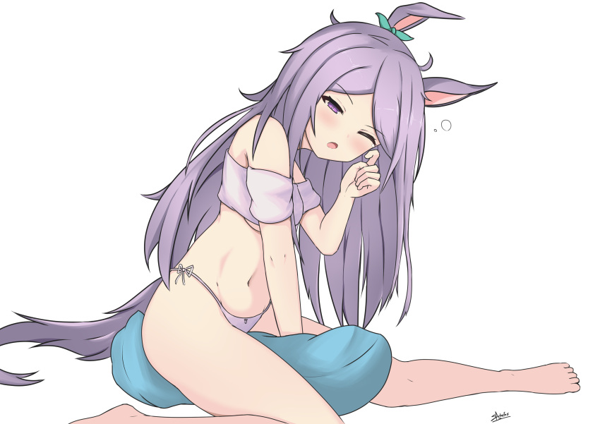 1girl absurdres animal_ears bandeau bare_legs bare_shoulders barefoot blush breasts commentary_request ear_ribbon green_ribbon half-closed_eye hand_up highres horse_ears horse_girl horse_tail long_hair medium_breasts mejiro_mcqueen_(umamusume) navel one_eye_closed open_mouth panties purple_hair purple_panties ribbon rubbing_eyes sato_art short_sleeves side-tie_panties simple_background sleepy solo tail tears umamusume under_boob underwear very_long_hair violet_eyes white_background