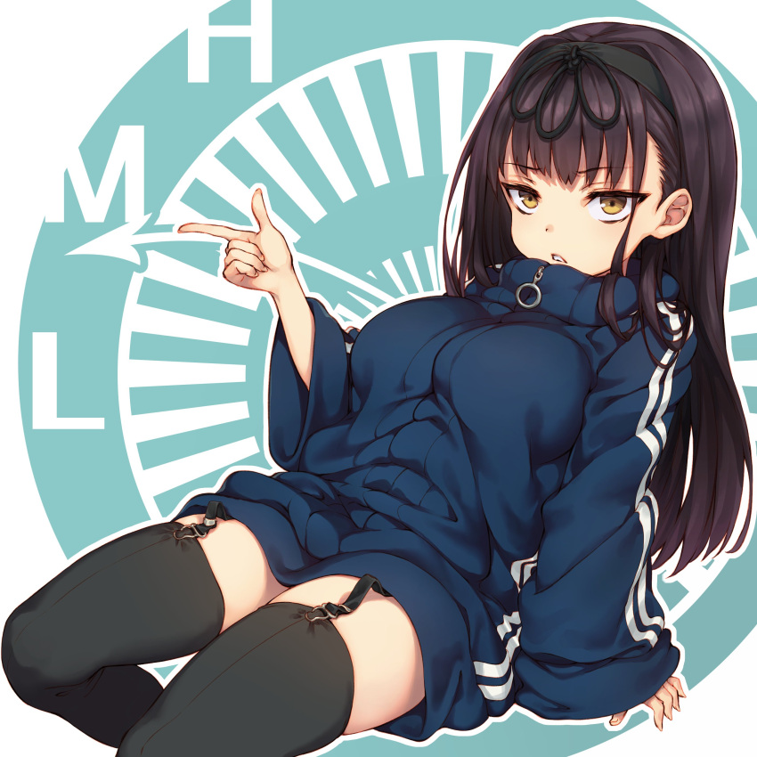 1girl absurdres arm_support bangs black_hair black_legwear blue_jacket breasts eyebrows_visible_through_hair finger_gun frown garter_straps hairband highres jacket long_hair long_sleeves looking_at_viewer medium_breasts original pointing sitting solo striped tauyuki_saema thigh-highs thighs thumbs_up track_jacket vertical_stripes wide_sleeves yellow_eyes zipper