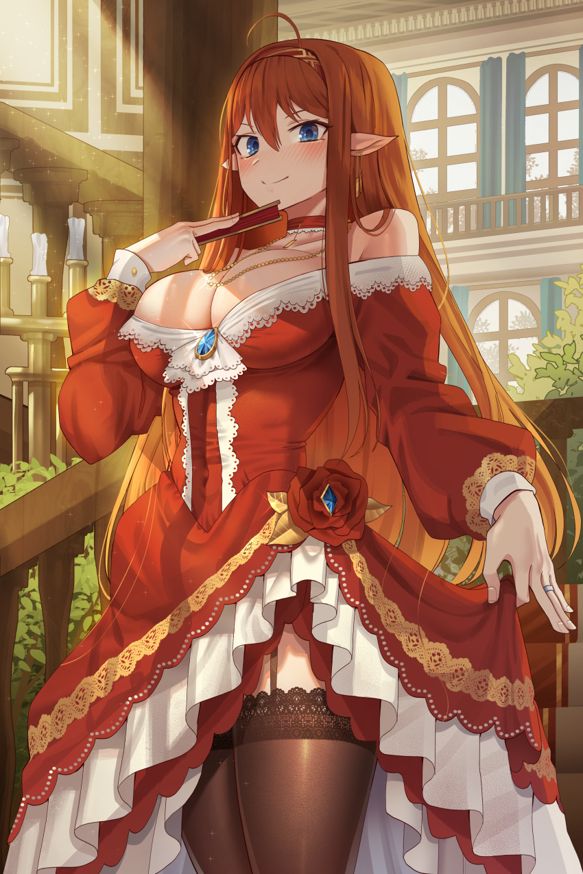 1girl absurdres ahoge black_legwear blue_eyes blush breasts closed_mouth dress dress_lift fan garter_straps goback hair_between_eyes highres holding holding_fan huge_filesize indoors lifted_by_self long_sleeves looking_at_viewer original pantyhose pointy_ears red_dress redhead smile solo