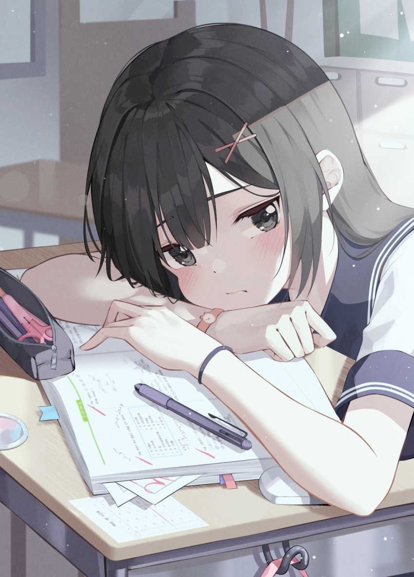 1girl black_eyes black_hair blue_sailor_collar blush book classroom closed_mouth hair_ornament highres indoors kanzi long_hair looking_at_viewer original pen pencil_case sailor_collar school_uniform scissors serafuku short_sleeves solo table watch x_hair_ornament