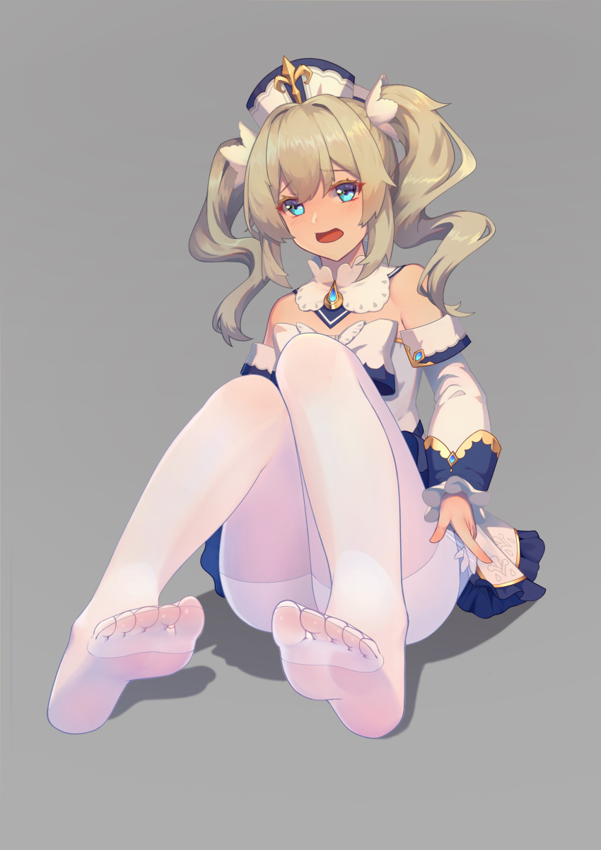 1girl absurdres barbara_pegg bare_shoulders blonde_hair blue_eyes detached_collar dress drill_hair feet genshin_impact heiyizhushenxia highres latin_cross legs looking_at_viewer no_shoes open_mouth pantyhose priestess soles toes twin_drills twintails white_dress white_headwear white_legwear white_sleeves