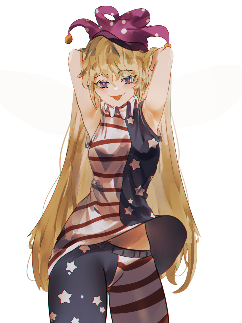 1girl :p american_flag_legwear american_flag_shirt armpits arms_behind_head arms_up bangs blonde_hair blush breasts chromatic_aberration clownpiece commentary_request contrapposto cowboy_shot eyebrows_visible_through_hair hair_between_eyes hat highres jester_cap long_hair looking_at_viewer medium_breasts midriff_peek naufaldreamer neck_ruff polka_dot purple_headwear red_eyes simple_background sleeveless solo standing star_(symbol) star_print tongue tongue_out touhou very_long_hair white_background