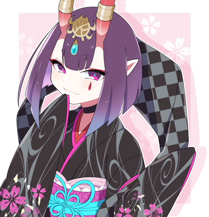 1girl bangs black_kimono bob_cut breasts choker eyeliner fate/grand_order fate_(series) floral_print headpiece highres horn_ornament horn_ring horns japanese_clothes kimono long_sleeves looking_at_viewer lostroom_outfit_(fate) makeup na09tu obi oni oni_horns pointy_ears purple_hair sash short_hair shuten_douji_(fate) skin-covered_horns sleeves_past_fingers sleeves_past_wrists small_breasts smile violet_eyes wide_sleeves