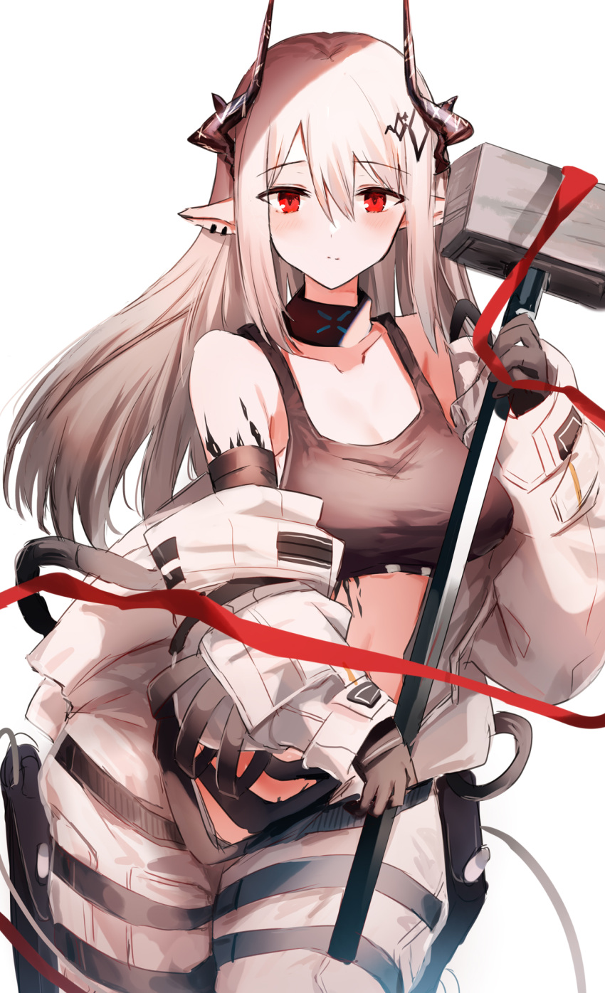 1girl arknights bangs bare_shoulders black_choker black_gloves breasts choker commentary_request cowboy_shot crop_top eyebrows_visible_through_hair gloves hair_between_eyes hammer hand_up highres holding holding_hammer holding_weapon horns infection_monitor_(arknights) kinona long_hair long_sleeves medium_breasts midriff mudrock_(arknights) off_shoulder oripathy_lesion_(arknights) partial_commentary pointy_ears red_eyes silver_hair simple_background solo sports_bra standing weapon white_background