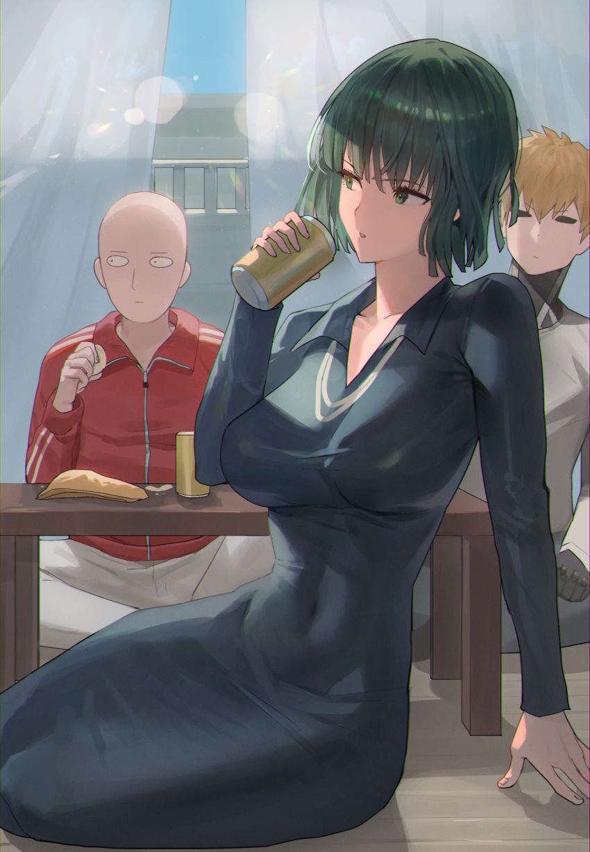 1girl 2boys bald bangs black_dress blonde_hair breasts collared_dress cyborg dress fubuki_(one-punch_man) genos green_dress green_eyes green_hair highres hood_(james_x) jacket jewelry large_breasts long_sleeves looking_to_the_side multiple_boys necklace one-punch_man pants red_jacket saitama_(one-punch_man) short_hair sitting taut_clothes taut_dress white_pants