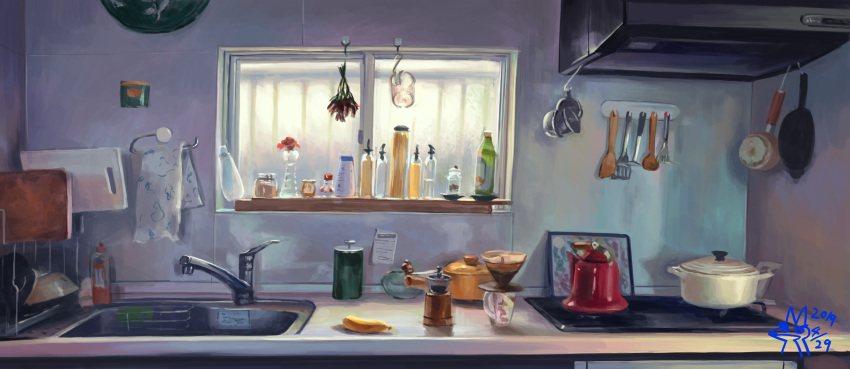 absurdres cooking_oil cutting_board dated dishwashing_soap flower frying_pan hand_soap highres indoors kitchen measuring_cup no_humans original pepper_shaker pot scenery signature sink spatula stove toufu_(inu_no_mayuge) towel window