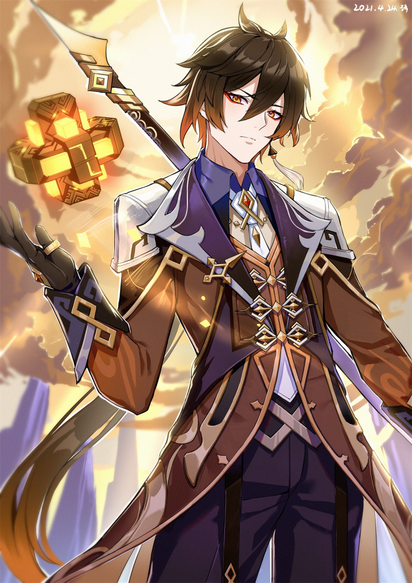 1boy bangs black_gloves brown_hair closed_mouth clouds cloudy_sky collared_shirt dated earrings eyebrows_visible_through_hair eyeliner eyeshadow floating floating_object formal genshin_impact gloves gradient_hair hair_between_eyes highres holding holding_spear holding_weapon jacket jewelry long_hair long_sleeves looking_at_viewer makeup male_focus mountain multicolored_hair necktie orange_hair outdoors polearm ponytail red_eyeshadow shirt single_earring sky solo spear suit tassel tassel_earrings thumb_ring wangqi weapon yellow_eyes zhongli_(genshin_impact)
