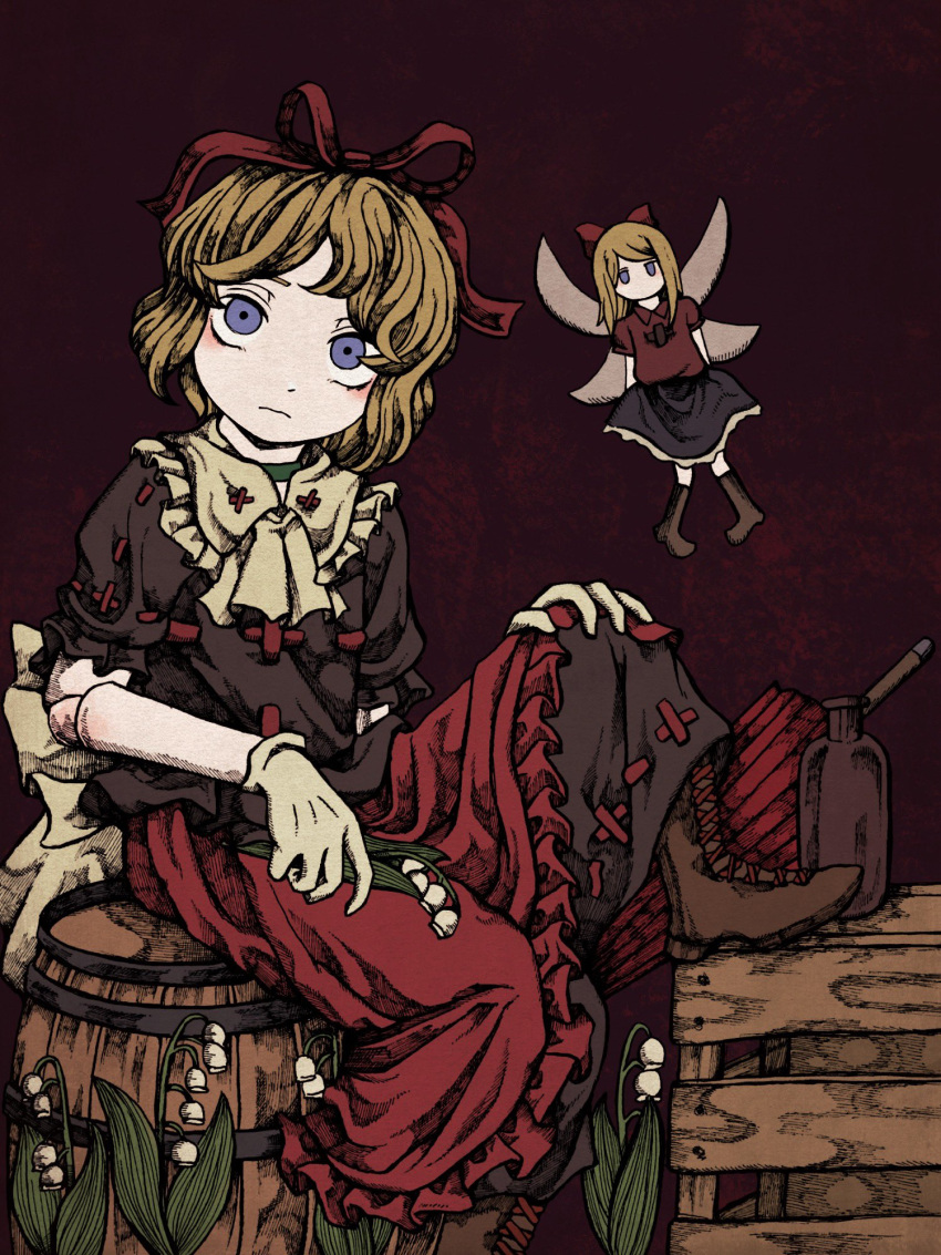 1girl awk_chan barrel blonde_hair blue_eyes boots bottle bow box brown_footwear bubble_skirt closed_umbrella doll doll_joints flower frilled_shirt frilled_shirt_collar frilled_sleeves frills highres joints lily_of_the_valley medicine_melancholy puffy_short_sleeves puffy_sleeves red_bow red_neckwear red_ribbon ribbon shirt short_hair short_sleeves skirt touhou umbrella wavy_hair youkai