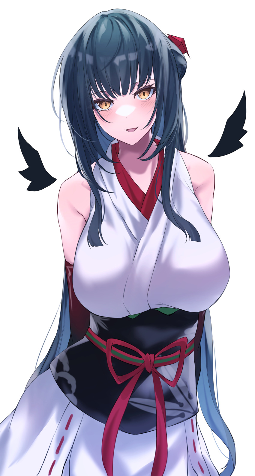 1girl :d absurdres black_hair black_wings blush breasts brown_eyes commentary_request detached_wings hair_bun hat highres japanese_clothes kimono large_breasts long_hair looking_at_viewer mini_hat nijisanji obi open_mouth red_headwear sash side_bun simple_background sleeveless sleeveless_kimono smile solo tilted_headwear tokin_hat virtual_youtuber white_background white_kimono wings yamagami_karuta yuki_maccha_(yukimattya10)