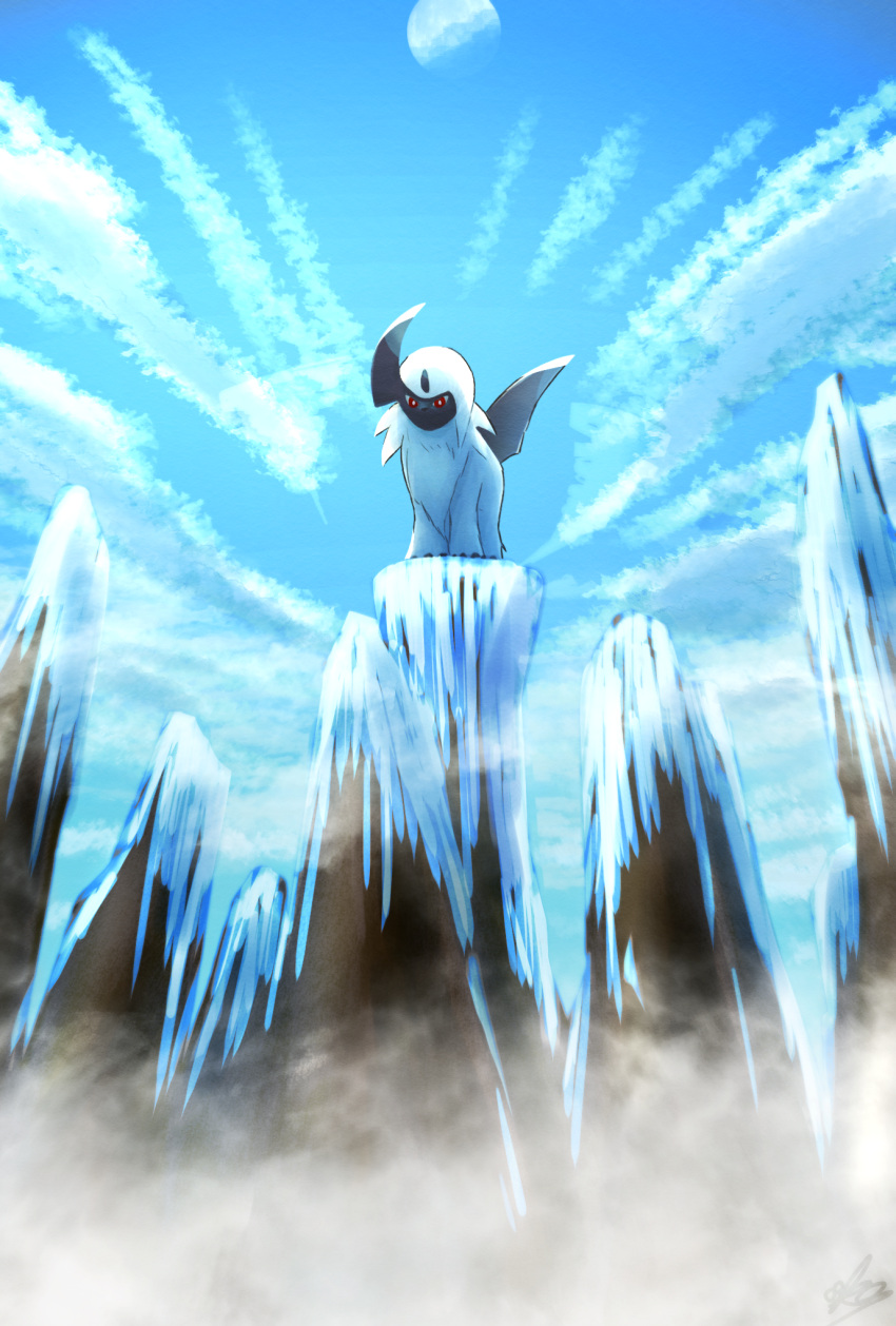 absol claws commentary_request day ewokakukaede from_below gen_3_pokemon highres moon no_humans outdoors pokemon pokemon_(creature) red_eyes sky solo standing white_fur