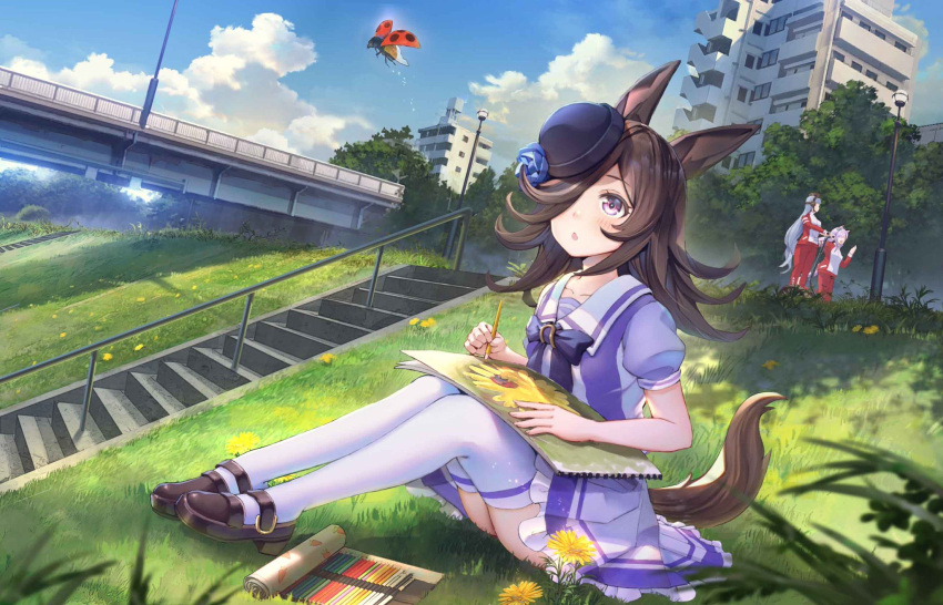 3girls animal_ears blue_flower blue_headwear blue_rose blue_sky blush bow bride brown_footwear bug building clouds cloudy_sky collarbone commentary_request dandelion drawing dress dutch_angle flower gold_ship_(umamusume) grass hair_over_one_eye hat hat_flower high_heels highres holding holding_pencil horse_ears horse_girl horse_tail insect jogging ladybug legs legs_together light_blue_hair light_purple_hair looking_up mejiro_mcqueen_(umamusume) multiple_girls open_mouth outdoors pencil puffy_short_sleeves puffy_sleeves purple_bow purple_dress purple_legwear rice_shower_(umamusume) rose scenery school_uniform segway shiny shiny_hair sho_(shoichi-kokubun) short_dress short_sleeves sitting sky solo_focus stairs tail thigh-highs thighs tilted_headwear tracen_school_uniform track_suit umamusume violet_eyes
