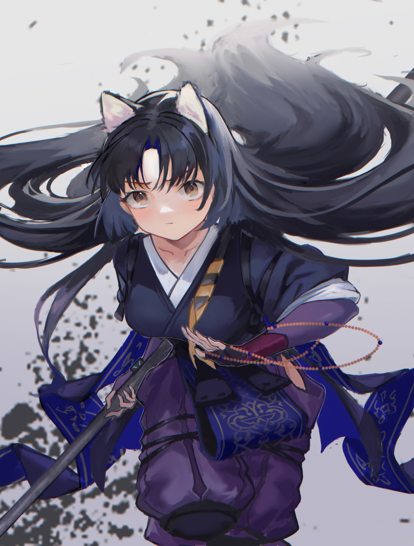 1girl absurdres animal_ears arknights bangs beads black_hair black_kimono breasts brown_eyes dog_ears floating_hair giftforalice grey_background highres holding holding_weapon japanese_clothes kimono long_hair looking_at_viewer medium_breasts prayer_beads saga_(arknights) solo weapon