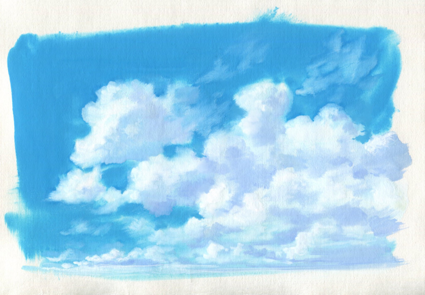 blue_sky blue_theme border cloud_focus clouds day highres monochrome no_humans original outdoors sawitou_mizuki scan sky traditional_media white_border