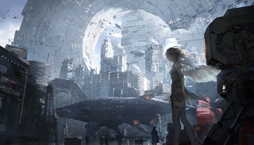 1girl angel_wings architecture breasts building city cityscape dress english_commentary faceless feathered_wings feathers feet_out_of_frame gradient_hair grey_dress grey_hair highres looking_at_viewer megastructure multicolored_hair original qosic red_eyes robot scenery science_fiction shadow side_slit sky skyscraper sleeveless solo_focus space_craft thigh-highs thigh_strap white_hair white_wings wings