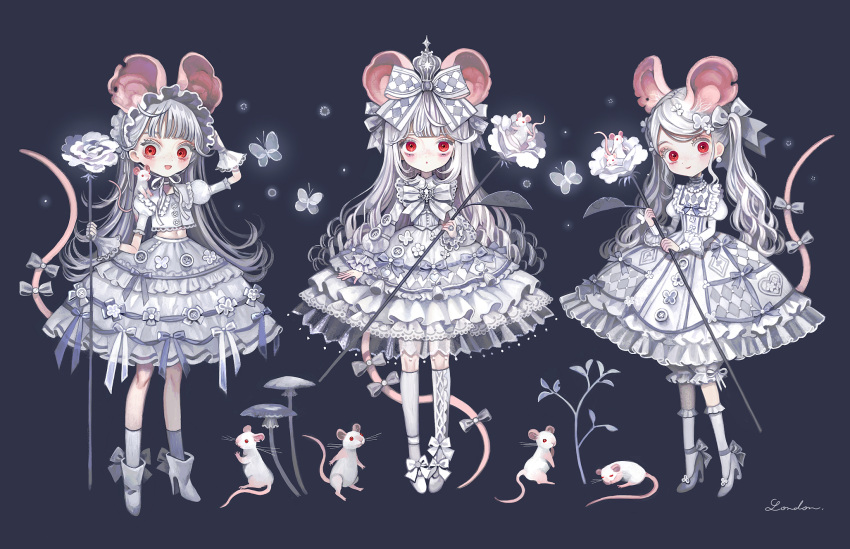 3girls animal animal_ears bangs black_background bow bug butterfly dress earrings flower frilled_dress frilled_skirt frills full_body gloves grey_bow grey_footwear grey_gloves grey_legwear grey_skirt hair_bow hair_ornament hand_up highres holding holding_flower insect jewelry juliet_sleeves lalala222 leaf long_hair long_sleeves looking_at_viewer midriff mouse_ears mouse_girl mouse_tail multiple_girls mushroom original plant print_bow puffy_sleeves red_eyes shoes simple_background skirt socks standing tail tail_bow tail_ornament twintails white_flower white_hair
