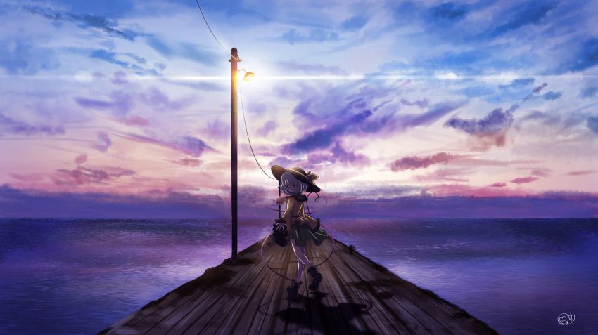 1girl bangs blouse boots bow closed_mouth clouds cloudy_sky diffraction_spikes eyeball eyebrows_visible_through_hair full_body green_eyes green_skirt hat hat_bow heart heart_of_string highres komeiji_koishi lamppost light_smile long_sleeves looking_at_viewer looking_back nke outdoors pier scenery short_hair silver_hair skirt sky solo standing sun third_eye touhou twilight water yellow_blouse