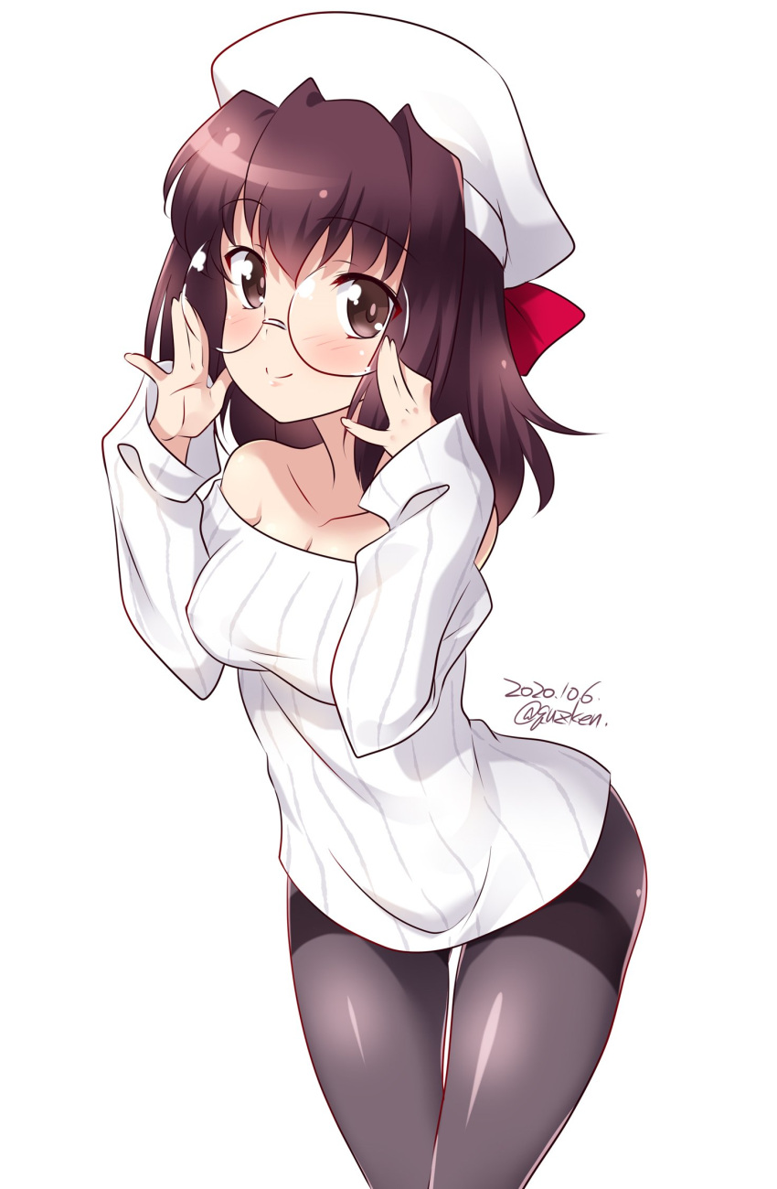 1girl adjusting_eyewear bangs bespectacled black_legwear blush brown_eyes brown_hair casual closed_mouth cowboy_shot dated eyebrows_visible_through_hair girls_und_panzer glasses hat headband highres kondou_taeko kuzuryuu_kennosuke leaning_forward long_sleeves looking_at_viewer medium_hair no_pants off-shoulder_shirt off_shoulder pantyhose red_headband ribbed_shirt round_eyewear shirt simple_background smile solo standing thighband_pantyhose thighs twitter_username white_background white_headwear white_shirt