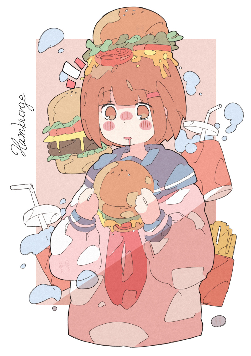 1girl absurdres bangs blue_sailor_collar brown_eyes brown_hair burger cheese cup english_text food french_fries haru57928031 highres holding holding_food long_sleeves neckerchief original puffy_long_sleeves puffy_sleeves red_neckwear sailor_collar shirt short_hair signature solo upper_body white_shirt