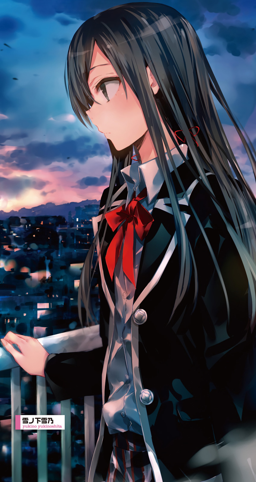 1girl bangs black_jacket buttons character_name checkered checkered_skirt city closed_mouth clouds cloudy_sky collared_shirt evening from_side grey_eyes grey_hair hair_between_eyes hair_ornament hair_ribbon highres jacket long_hair long_sleeves looking_away official_art open_clothes open_jacket outdoors ponkan_8 red_neckwear red_ribbon ribbon school_uniform shirt sidelocks skirt sky sobu_high_school_uniform solo standing white_shirt yahari_ore_no_seishun_lovecome_wa_machigatteiru. yukinoshita_yukino