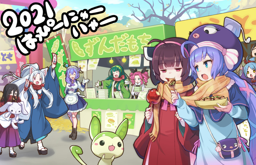 2021 6+girls ahoge animal_ears apple apron aqua_shirt bag bangs bare_tree bitten_apple black_hair black_ribbon blue_capelet blue_eyes blue_hair blunt_bangs brown_hair candy_apple capelet character_request coat commentary drill_hair eel_hat feeding food food_stand fox_ears frilled_apron frills fruit gloves green_hair green_robe grey_eyes hair_ribbon half-closed_eyes handbag happy_new_year hat headgear hibi_tsuna highres holding holding_food holding_stuffed_toy japanese_clothes large_hat long_hair looking_at_another maid maid_apron maid_headdress mortarboard multiple_girls new_year okobo open_mouth orange_scarf otomachi_una outdoors pink_hair purple_hair purple_headwear red_coat red_eyes red_scarf ribbon saliva scarf shared_scarf shirt short_hair siblings sisters soybean standing stitches stuffed_animal stuffed_toy tabi takoyaki talkex torii touhoku_itako touhoku_kiritan touhoku_zunko translated tree twin_drills twintails very_long_hair voiceroid white_gloves white_hair zundamon