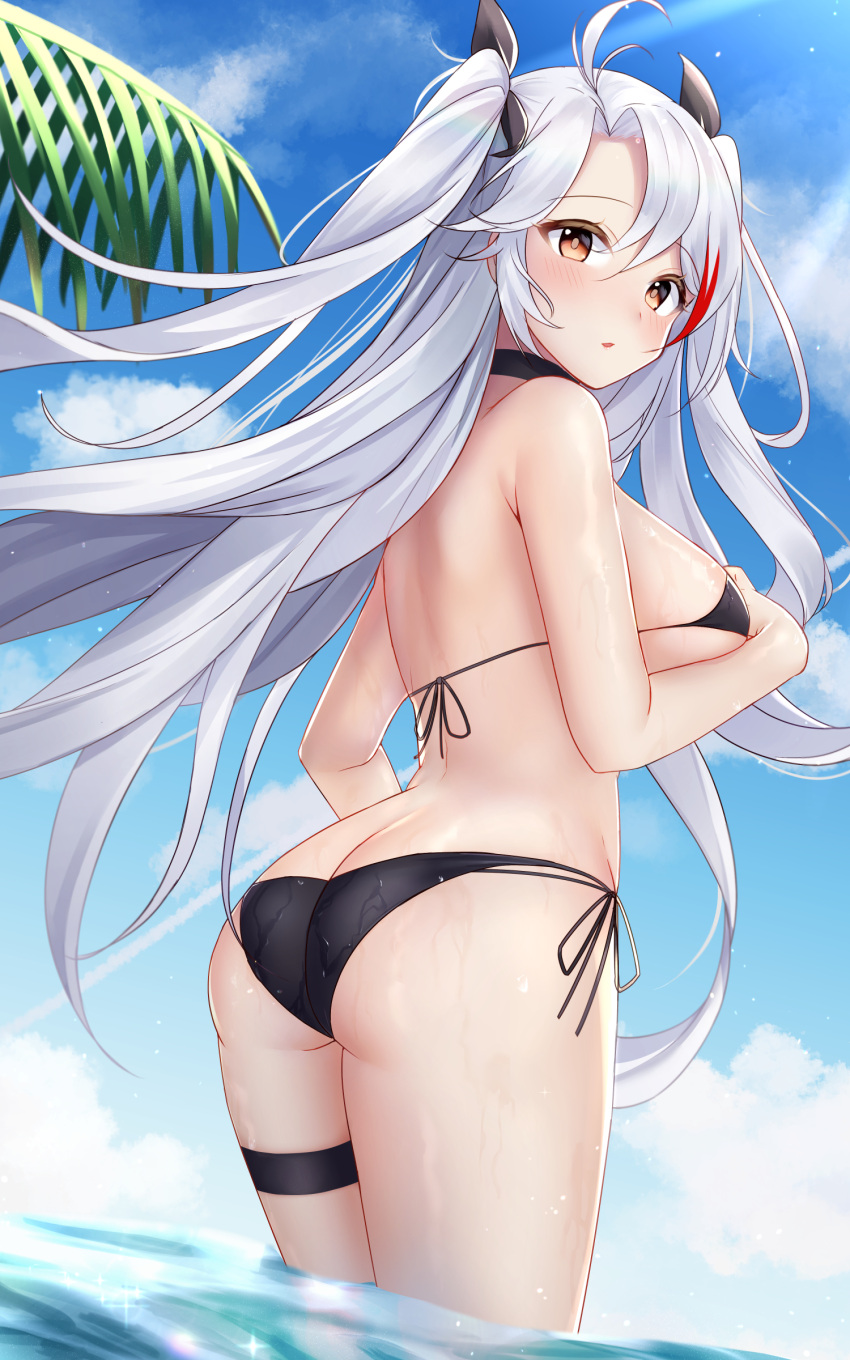 1girl absurdres ass azur_lane bangs bikini black_bikini black_neckwear black_ribbon blue_sky blush breasts choker eyebrows_visible_through_hair from_behind hair_ornament hair_ribbon highres in_water jyu-so large_breasts long_hair looking_at_viewer looking_back multicolored_hair outdoors parted_bangs parted_lips prinz_eugen_(azur_lane) red_eyes redhead ribbon silver_hair sky solo standing streaked_hair swimsuit thigh_strap thighs two_side_up under_boob wet
