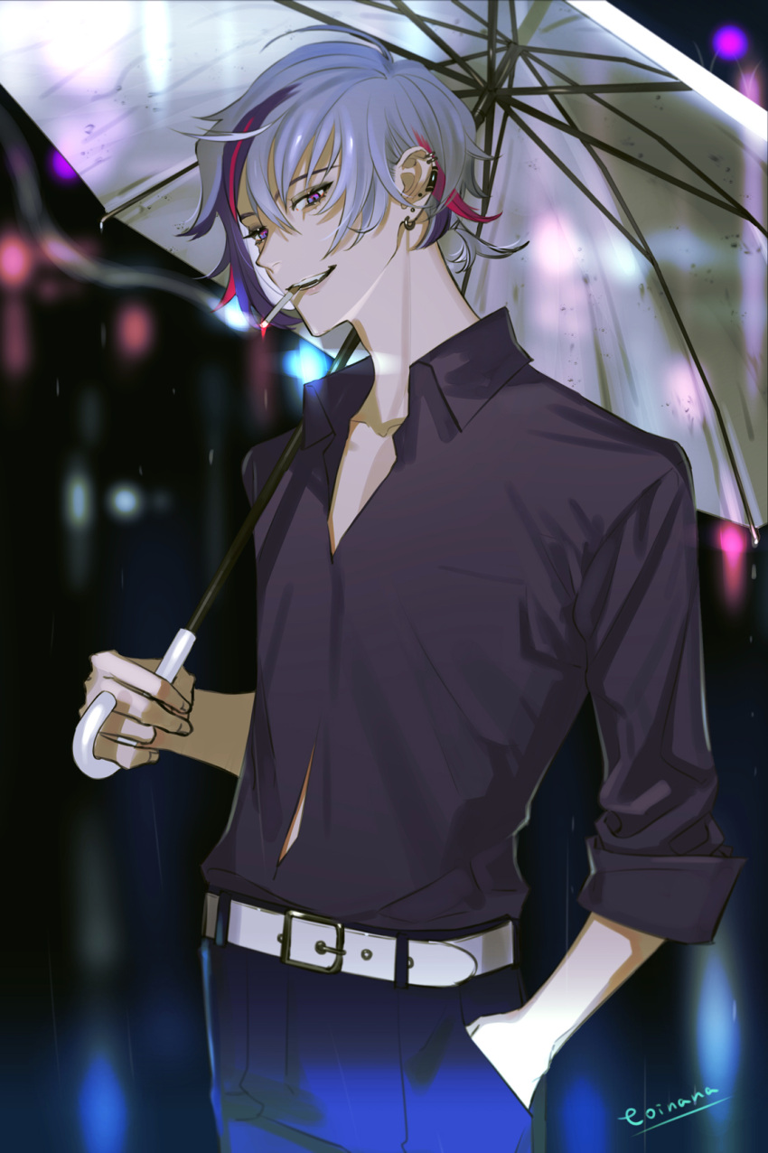 1boy belt black_shirt blurry blurry_background cigarette collared_shirt cowboy_shot ear_piercing earrings fuwa_minato grey_hair hand_in_pocket highres holding holding_umbrella jewelry long_sleeves mouth_hold multicolored_hair nijisanji piercing shirt short_hair solo streaked_hair toinana transparent transparent_umbrella umbrella white_belt