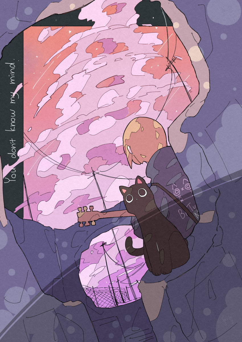 1girl absurdres black_cat brown_hair cat clouds cloudy_sky english_text fence from_behind gradient_sky guitar haru57928031 highres instrument orange_sky original pink_sky power_lines short_hair sitting sky solo upper_body