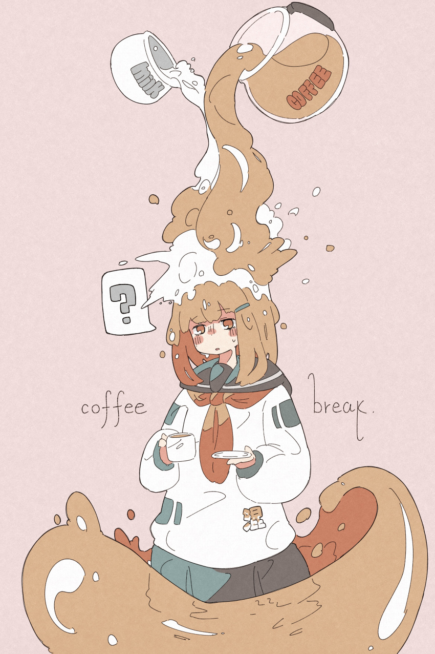 1girl ? absurdres brown_eyes brown_hair coffee cup english_text haru57928031 highres long_sleeves medium_hair milk original pink_background plate pouring shirt simple_background solo speech_bubble spoken_question_mark white_shirt
