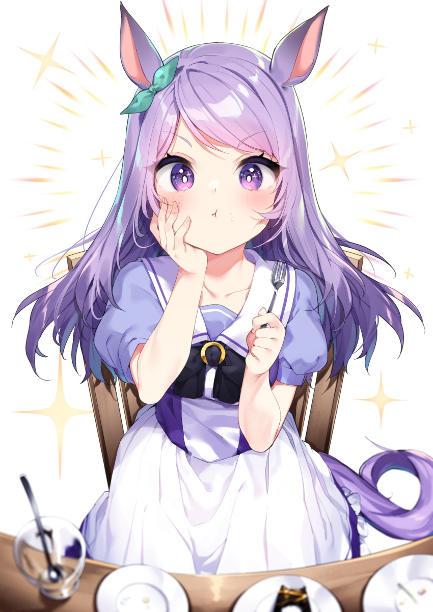 1girl animal_ears blush collarbone eyebrows_visible_through_hair fork hand_on_own_face highres holding holding_fork horse_ears horse_girl horse_tail long_hair looking_at_viewer mejiro_mcqueen_(umamusume) plate pout puffy_short_sleeves puffy_sleeves purple_hair school_uniform short_sleeves solo spoon tail tousaki_shiina tracen_school_uniform umamusume violet_eyes white_background