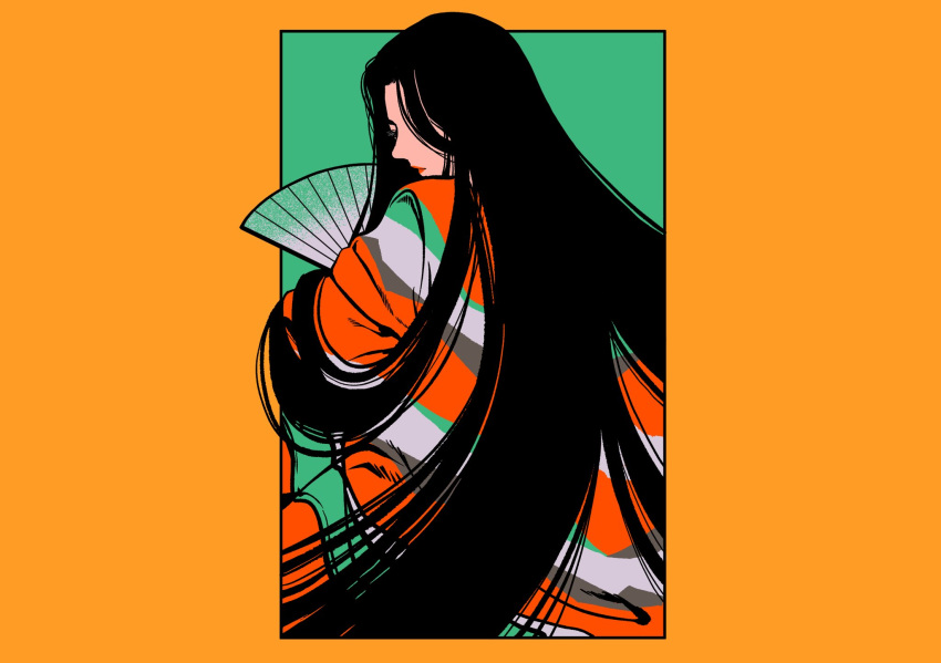 1girl black_hair blush colored_skin from_behind geisha highres japanese_clothes kimono lips lipstick long_hair looking_back makeup minillustration orange_lips original simple_background solo stick