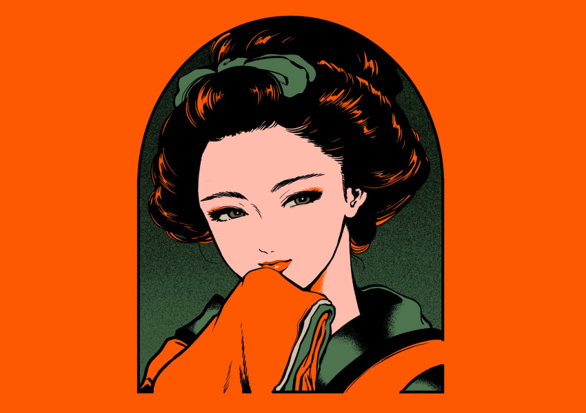 1girl black_hair colored_skin geisha green_eyes green_loop hair_ornament hand_on_own_face highres japanese_clothes kimono light_orange_hair lips lipstick looking_at_viewer loop_on_hair makeup minillustration orange_lips simple_background smile solo white_skin