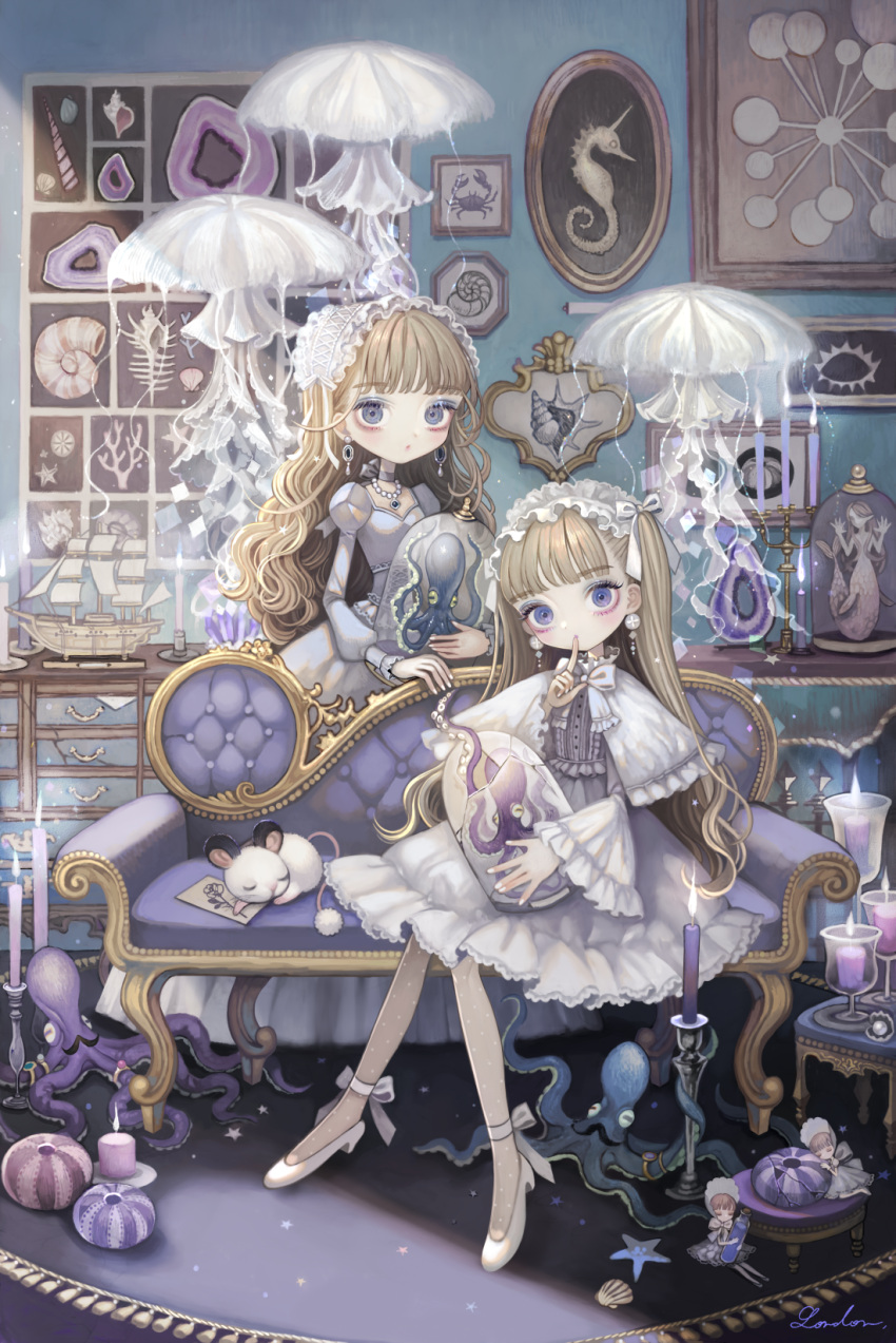 2girls bangs blonde_hair blue_eyes blunt_bangs candle couch dress earrings grey_dress grey_eyes highres index_finger_raised indoors jellyfish jewelry juliet_sleeves lalala222 light_brown_hair lolita_fashion long_hair long_sleeves multiple_girls necklace octopus original puffy_sleeves shoes sign sitting surreal white_dress white_footwear