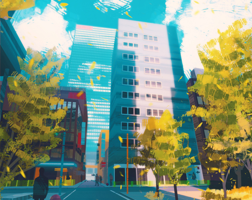 blue_sky building cloud cloudy_sky commentary english_commentary gen_1_pokemon grass highres leaf leaves_in_wind magnemite outdoors pikachu plant pokemon pokemon_(creature) post road saffron_city scenery sidewalk simone_mandl sky tree voltorb